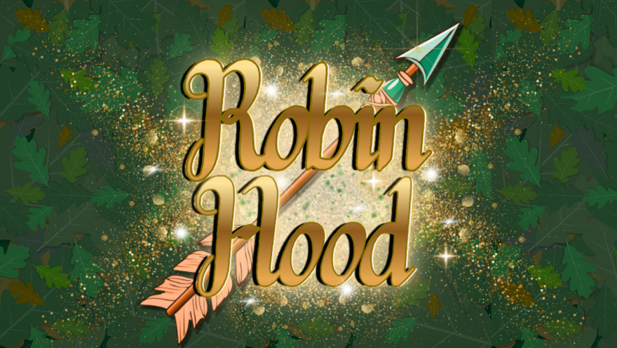 A green, leafy background with the words 'Robin Hood' displayed, with an arrow behind the words