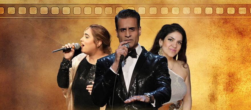 Three performers against a gold background