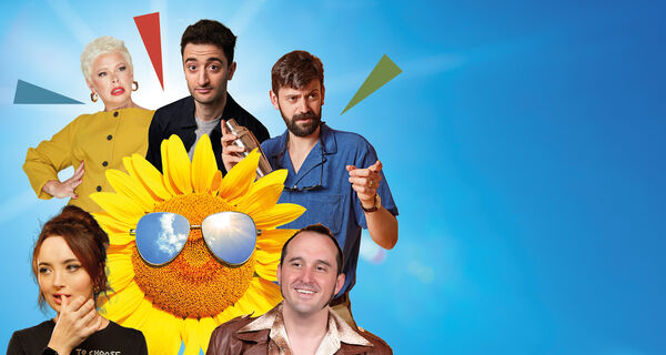 Composite image of Laura Smyth, Phil Ellis, Hasan Al-Habib, Fin Taylor and Fern Brady with a sunflower with sunglasses between them and a blue sky in the background Composite image of Laura Smyth, Phil Ellis, Hasan Al-Habib, Fin Taylor and Fern Brady with a sunflower with sunglasses between them and a blue sky in the background