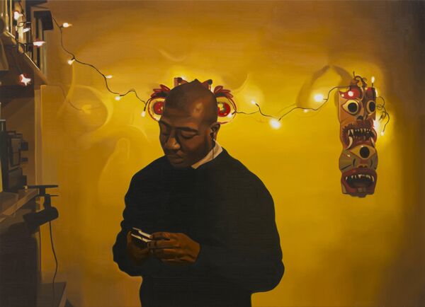 Painting of man on phone iwth string lights in background on a yellow wall