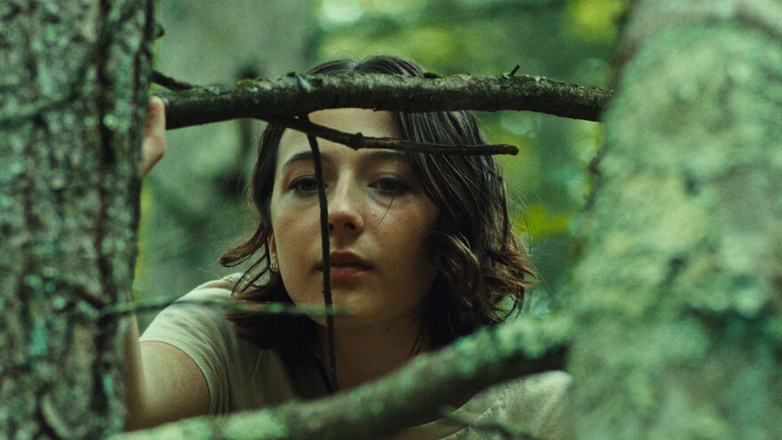 A young woman is framed between tree trunks in a woodland.