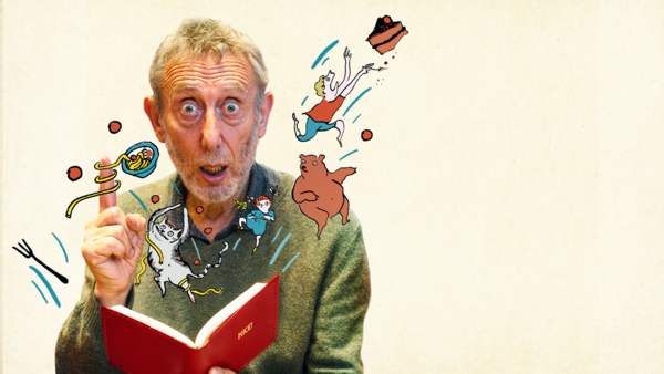 Author and poet Michael Rosen looks surprised as whimsical cartoon characters spring out of the open red book he is holding.