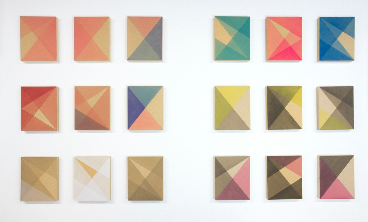 Lots of small canvases in patterns of three coloured with pastel geometric shapes by Rana Begum