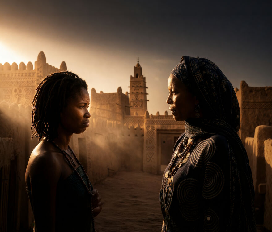 A promotional image for Once Upon a Time in Sokoto showing two women facing each other in a sunlit, dusty street with traditional mud-brick architecture behind them.