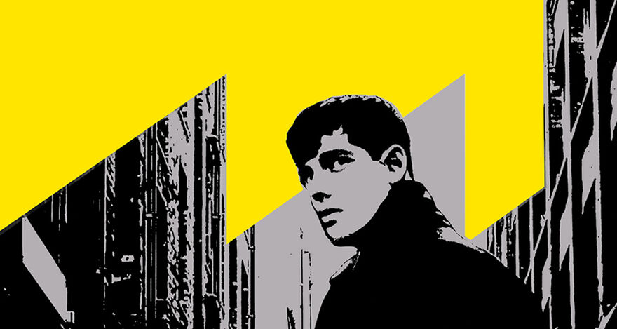 Outline of Ian Curtis looking back with siloutted skyscrappers in backgroun