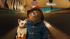 Paddington Bear holding a small dog travels down an escalator on the London Underground.