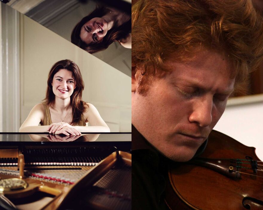 Emma Abbate smiling, sat at a piano and Michal Cwiizewicz playing the violin.