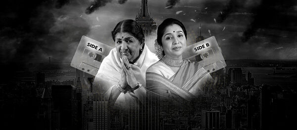 Lata Mangeshkar and Asha Bhosle in black and white with two cassette tapes behind them