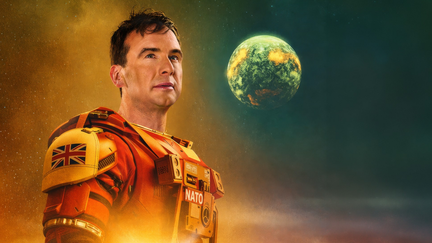 Graphic for comedian Matt Forde dressed as an astronaut on a alien landscape looking up at a planet.