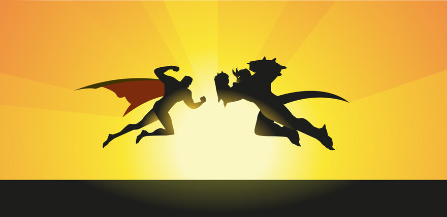 Graphic of a Superhero and a monster jumping at each other with a sunset in background