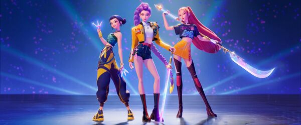 An animated image of three young women wielding weapons. 