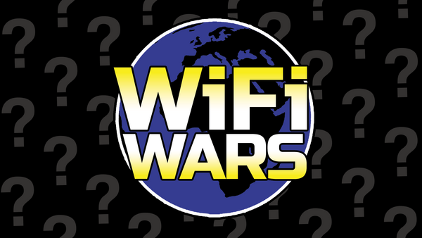 A logo for WiFi Wars featuring stylized yellow and white text overlaid on a blue and black globe.