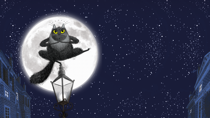 Illustration of cat stood on a streetlamp with a large full moon and starry  night sky