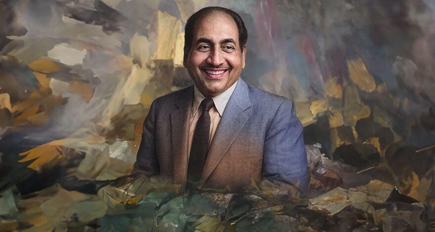 Mohammed Rafi surrounded by painted brush strokes
