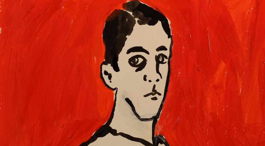 A sketch of a man with a vibrant red painted background. 