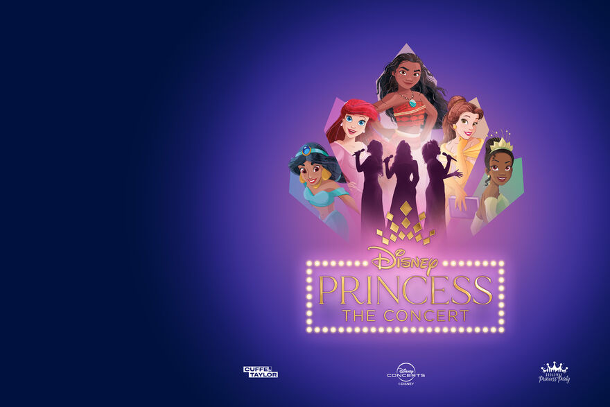Three women sing into a microphone with images of Disney princesses around them, with a purple background