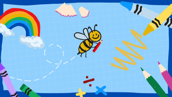 Drawing of a bee holding a pencil with crayons, a rainbow and pencil shavings around
