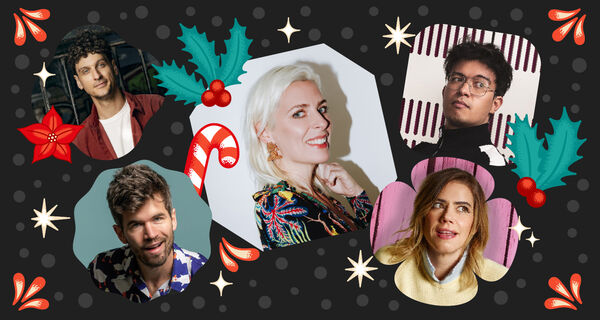 Sara Pacoe, Ivo Graham, Phil Wang, Lou Sanders and Steen Raskopoulos with Christmas decorations