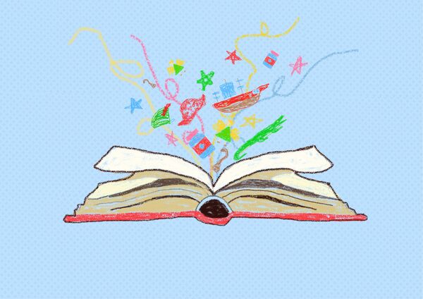An open book with childrens drawing exploding out
