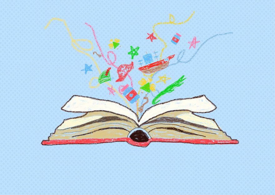 An open book with childrens drawing exploding out