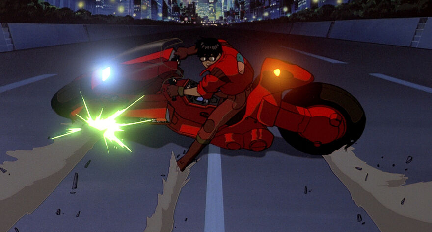 An anime image of someone pulling a skid on a red motorbike. 