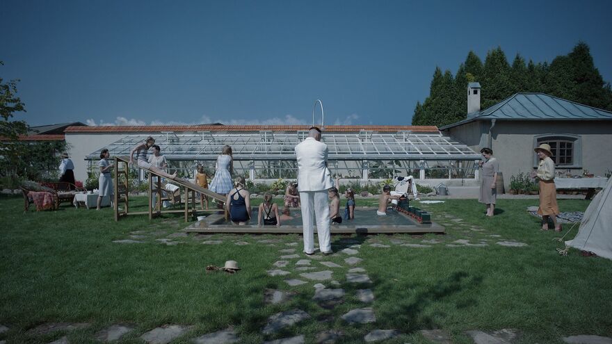 A family playing together outside.