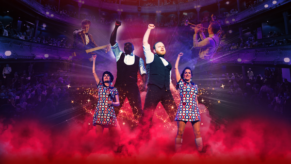 Red haze at bottom, Crowd in background, 4 people with fist in the air, two musicians  one with a guitar one with a trumpet