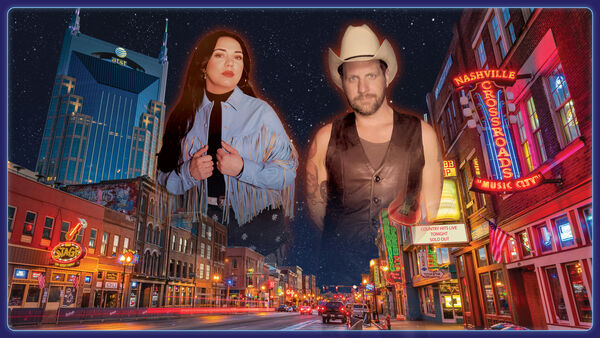 Jade Helliwell and Lars Pluto over a Nashville street at night