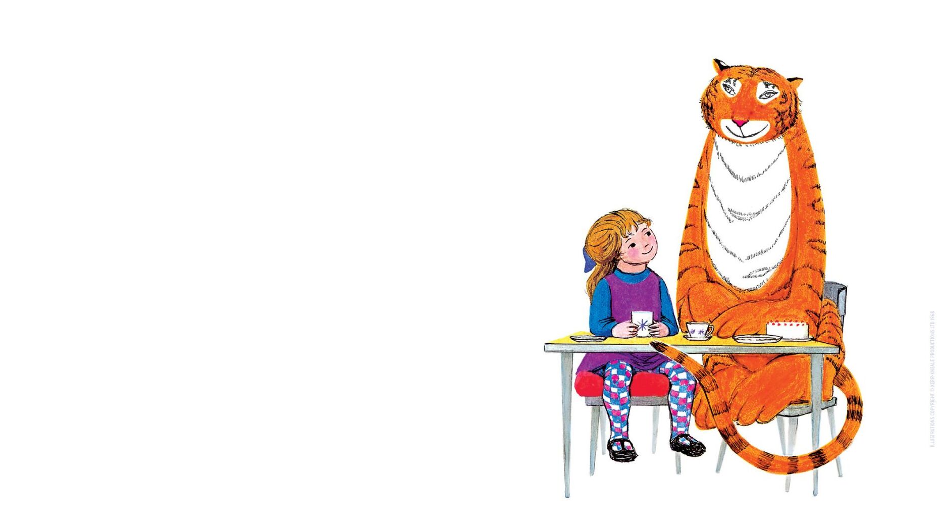 An illustration of a tiger and a girl having tea