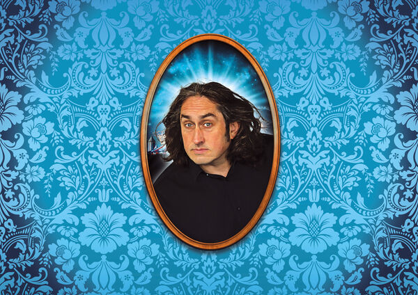 Ross Noble in a copper oval with a blue vintage wallpeper behind