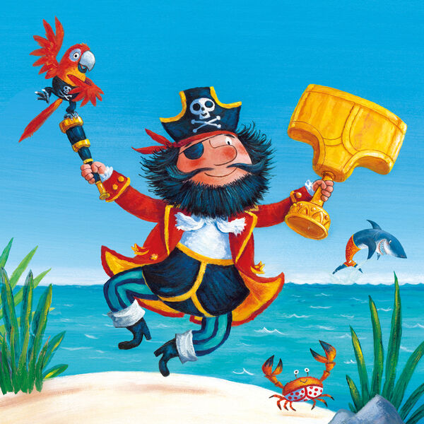 Drawing of a pirate with a parrot holding a gold underpant trophy