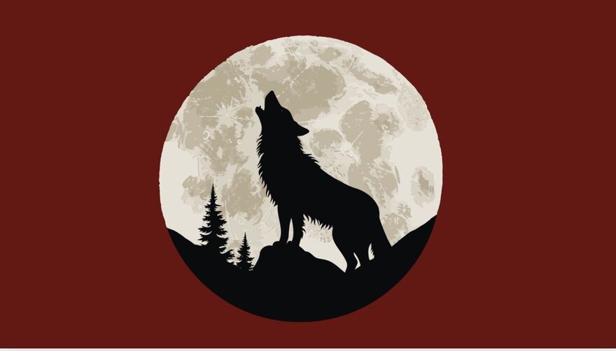 A wolf silhouetted in front of the moon with a dark red background 