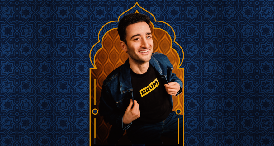 A portrait of Hasan Al-Habib smiling in a denim jacket and a 'BRUM' t-shirt, framed by a golden arch against a patterned blue background.