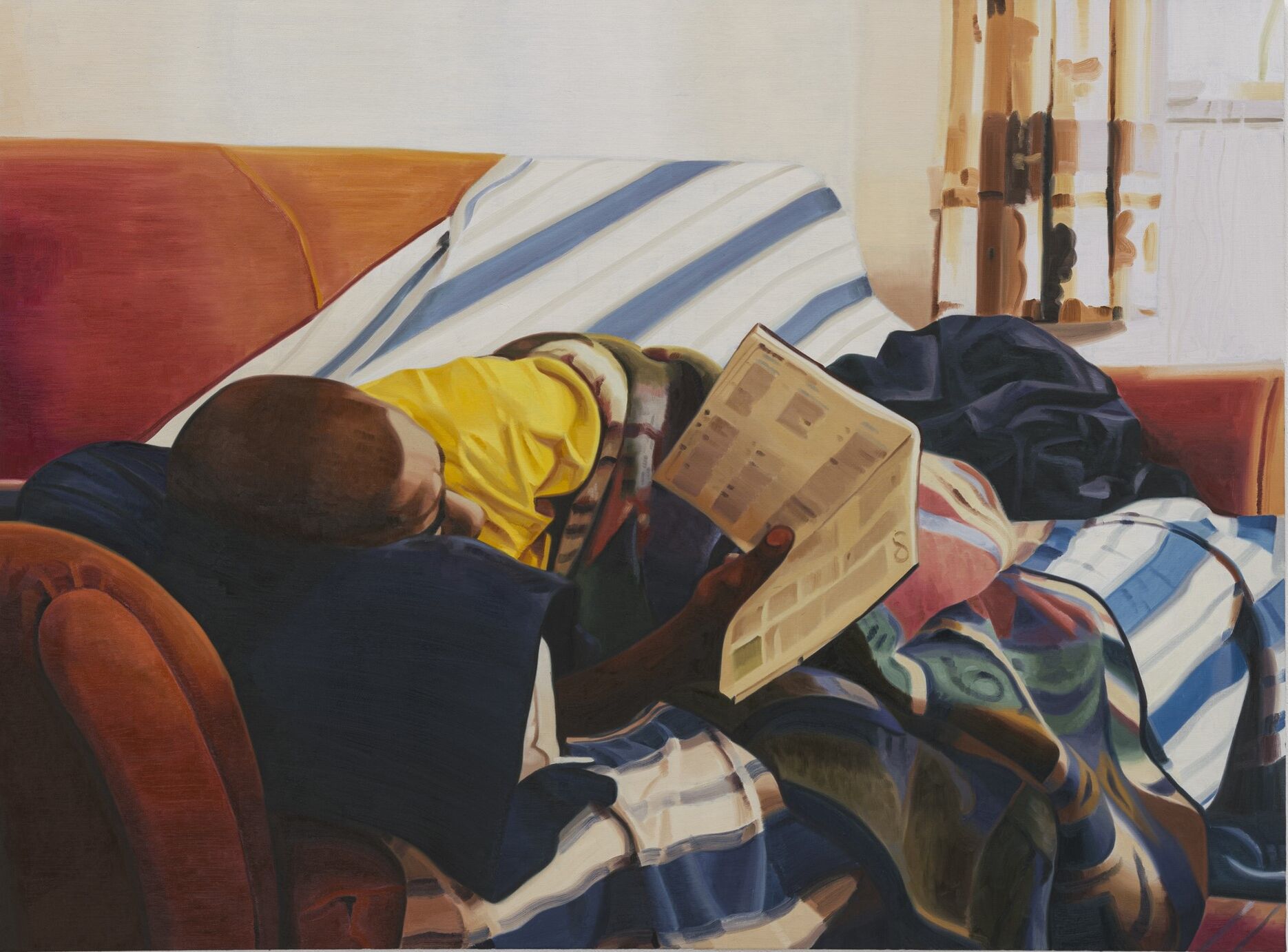 Painitng of man laying on sofa reading