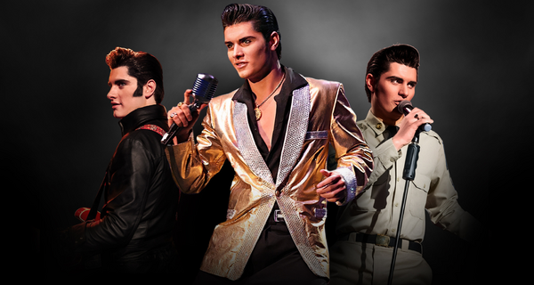 A composite image of Emilio Santoro performing in three iconic Elvis Presley outfits