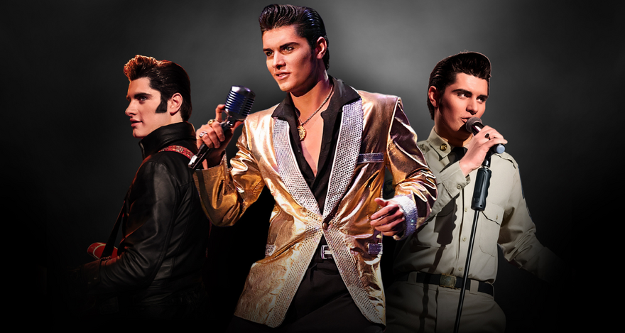 A composite image of Emilio Santoro performing in three iconic Elvis Presley outfits