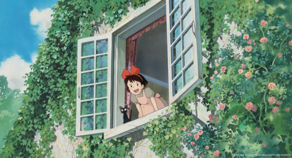 An anime image of a young girl leaning out of a window with a black cat. The window is covered in greenery and flowers. 