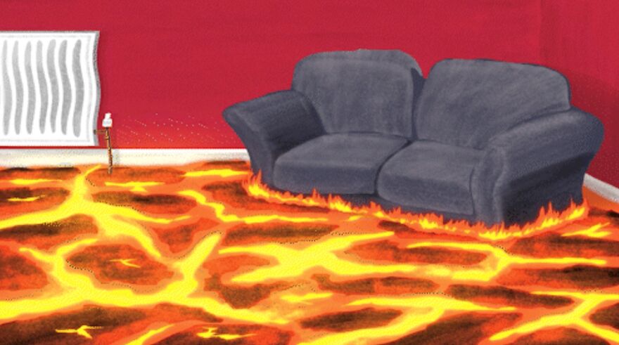 Animation of a sofa on a floor of lava