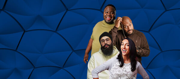 Composite of 4 comedians stacked on top of each other with a blue scaled background Composite of 4 comedians stacked on top of each other with a blue scaled background