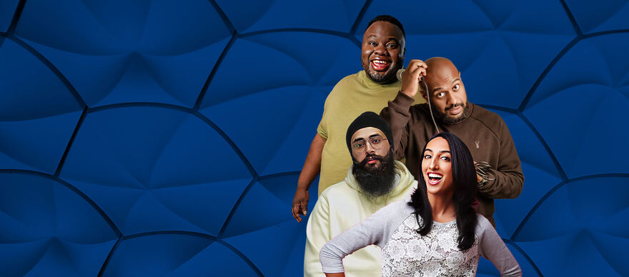 Composite of 4 comedians stacked on top of each other with a blue scaled background