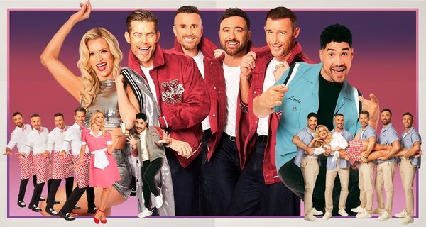 Composite image of The overtones in matching jackets, Nadiya Bychkova in a shiny top and Louis Smith in a blue bowling shirt