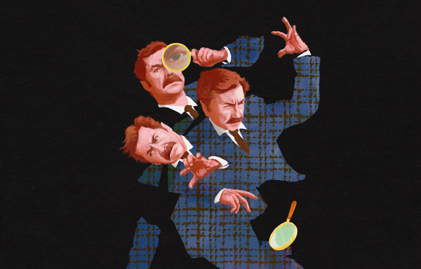 3 Versions of Mike Wozniak overlapping as he drops a magnifying glass