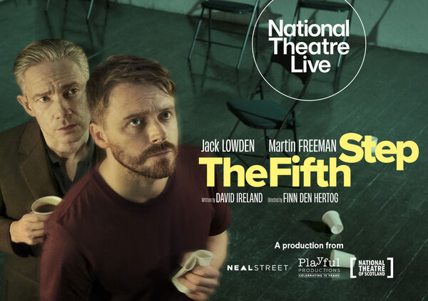 Jack Lowden and Martin Freeman as two men in Alcoholics Anonymous. They both look up as folding chairs and empty cups can be seen in the background.  