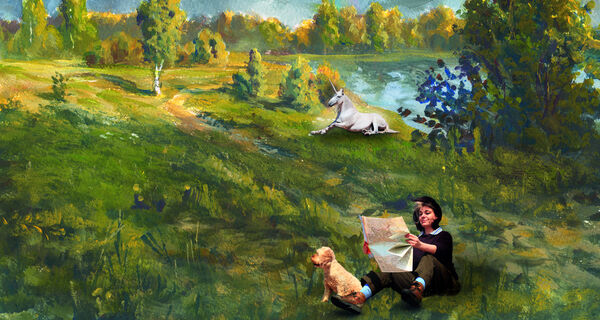 A painting of a woman and a dog sat in a field with a unicorn in the background