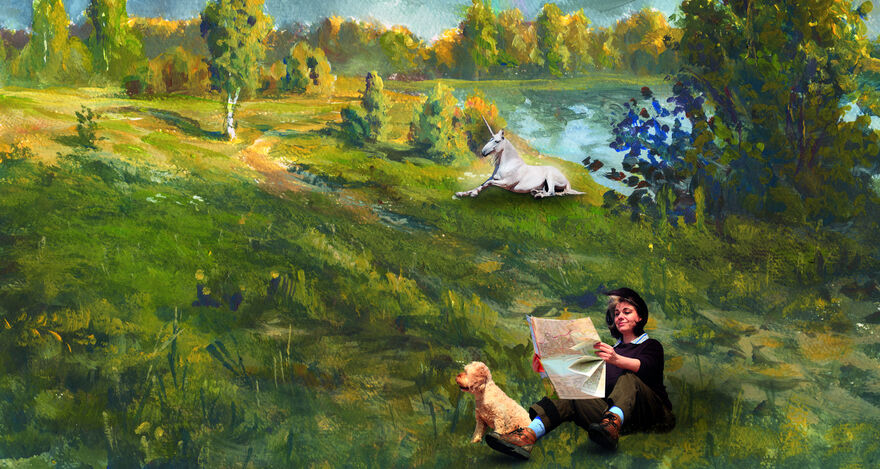 A painting of a woman and a dog sat in a field with a unicorn in the background
