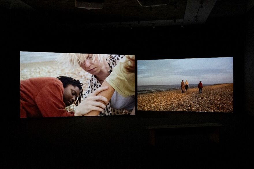 Two pictures side by side, one with two people lying down, and one with 3 people on a beach