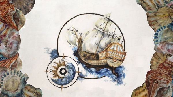 A drawing of a ship on a cream background, with shells on the left and right hand sides