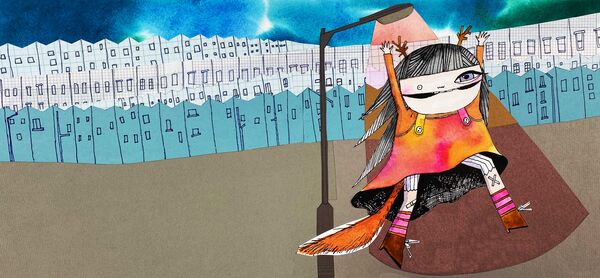 Illustration of a young girl walking on a street under a street lamp
