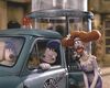 Wallace & Gromit: The Curse of the Were-Rabbit). It shows:  Wallace driving the Anti-Pesto van,  Gromit in the passenger seat,  Lady Tottington talking to them,  And captured rabbits in the background.