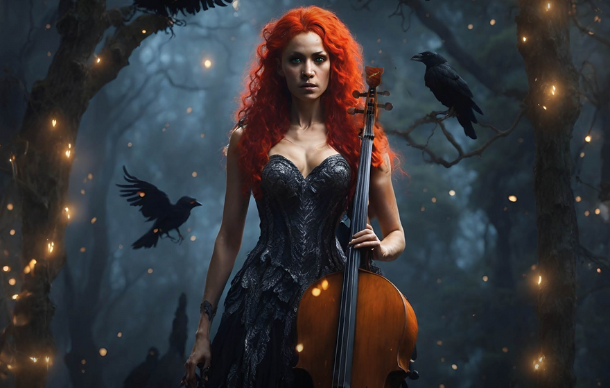 Woman with long red hair holding a cello, in a dark forest two birds either side of her